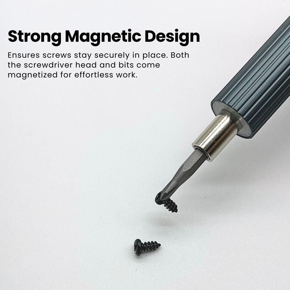 Strong magnetic design of the Super Electric Precision Screwdriver Set ensuring secure placement of screws on the bit | Cyber Vintage