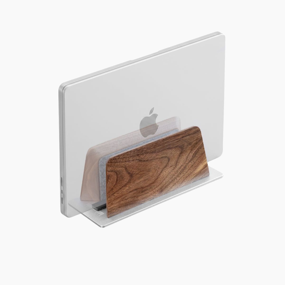 Super Wood Vertical Stand showing adjustable vertical laptop fit with wood panels, felt lining, and aluminum base | Cyber Vintage
