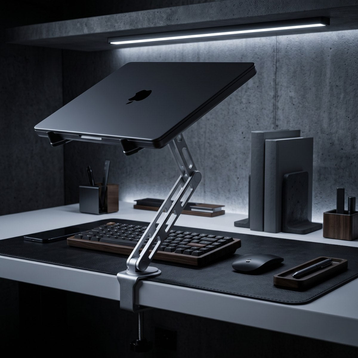 Super Laptop Stand Flex desk clamp stand supporting a laptop