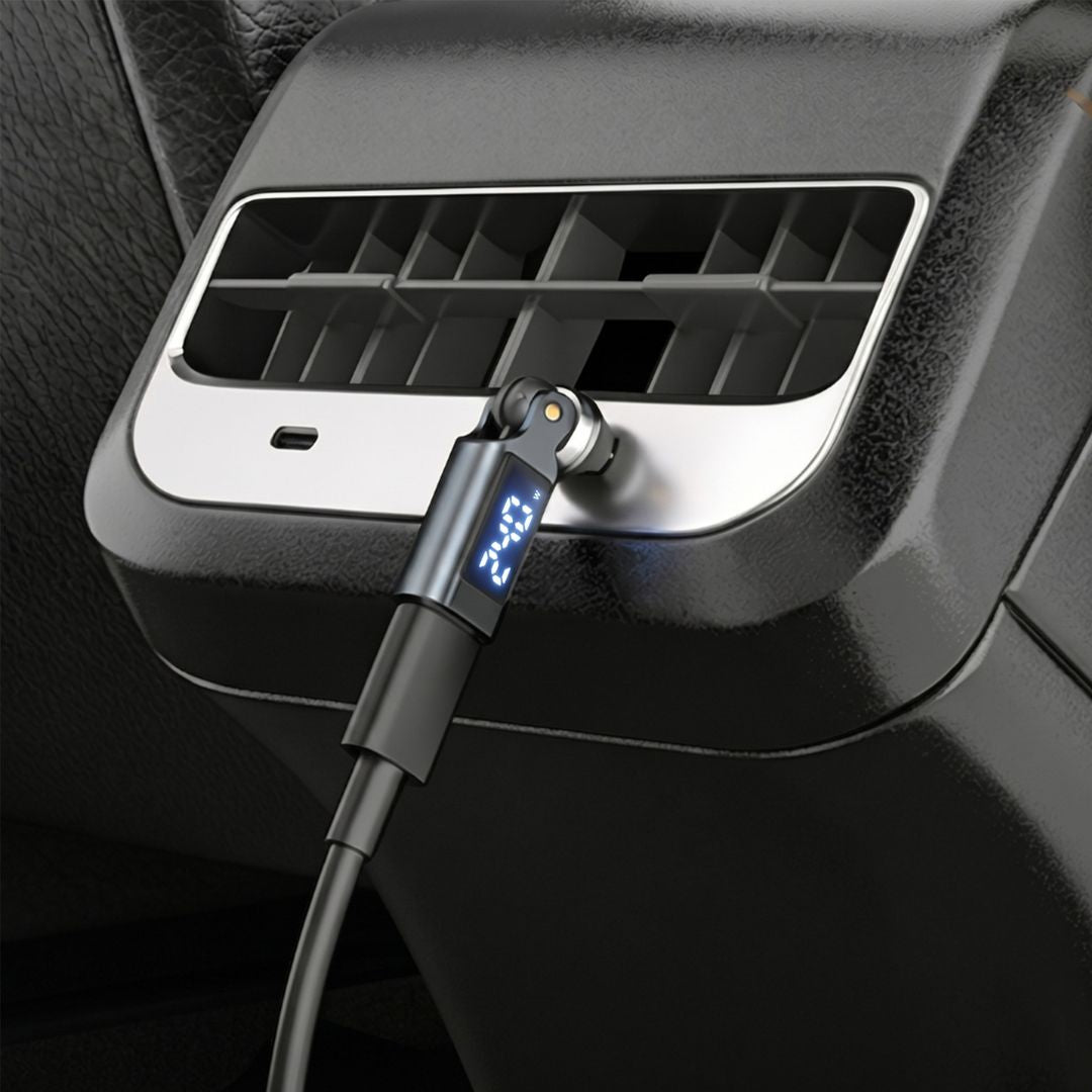 Super Flex Adapter connected to a car USB-C port with adjustable rotating cable angle | Cyber Vintage
